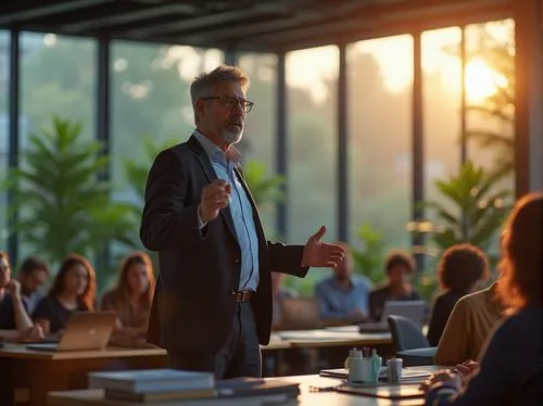 Modern university campus, regional architecture style, successful implementation, case study, mature professor, glasses, beard, suit, briefcase, lecturing, standing, pointing to a presentation screen,