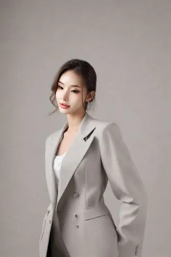 a young asian lady wearing a gray suit,businesswoman,business woman,haeju,chaebol,spy visual,winner joy