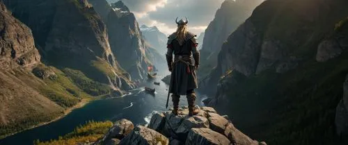 a man dressed in fantasy clothing standing on a cliff overlooking mountains and a river,trolltunga,vertiginous,leap of faith,volador,take-off of a cliff,hesychasm,leaphorn,alpine climbing,cliffhanger,