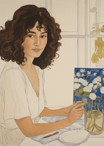 hydrangeas,hydrangea,marguerite,ikebana,girl with cereal bowl,mock orange,rose woodruff,blue and white porcelain,carnation coloring,flower painting,girl in flowers,mucha,the white chrysanthemum,jasmin-solanum,painting,hydrangeaceae,flower arranging,white daisies,holding flowers,white petunia,Illustration,Retro,Retro 21