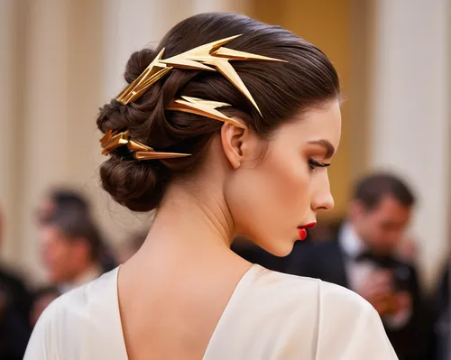 Design elegant lightning bolts in hair for a glamorous red carpet event.,chignon,hair accessory,hair accessories,updo,hair clip,bridal accessory,hair ribbon,hair comb,gold crown,gold foil crown,hairpi