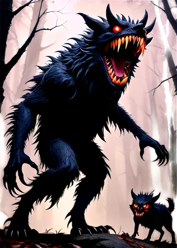 Frightening monster, dark forest, glowing eyes, sharp teeth, long claws, spiky fur, eerie howling, loud roaring, haunting whispering, misty atmosphere, low-key lighting, cinematic composition, shallow