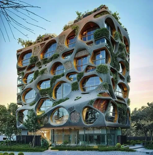 FACHADA DE PIEDRA LAJA,a building with several different angles that have trees on the side,hotel w barcelona,cubic house,building honeycomb,hotel barcelona city and coast,casa fuster hotel,honeycomb 