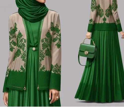 Digital drawing fashion for Muslim hijab with suede with 3D loose style very loose style with dark green ,a woman wearing a green dress and holding a green purse,abayas,abaya,tahiliani,kurung,songket,