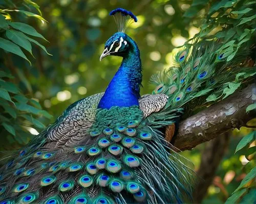 Vibrant blue peacock, majestic posture, spreading colorful tail feathers, intricate eye patterns, shiny beak, fluffy plumage, perched on a tree branch, surrounded by lush green leaves, warm sunlight f