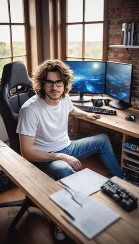 Online gamer, young adult male, casual pose, messy brown hair, glasses with black frames, facial stubble, white graphic t-shirt, blue jeans, sneakers, gaming keyboard, large monitor, PC tower, interne