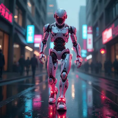 Dark aesthetic, a translucent sci-fi robot walking down the street, polycarbonate frame, stunning unreal engine render,robot walks across a city street in futuristic suit,ironman,iron man,ultron,walki