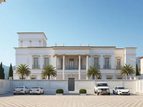 white and tan brick mansion with car parked in front,zappeion,mansion,palladianism,masseria,bendemeer estates,fresnaye,marble palace,palazzina,mansions,luxury home,palladian,villa cortine palace,villa