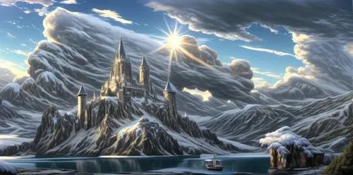 fantasy landscape,cloud mountain,fantasy picture,cloud mountains,snow mountains,giant mountains,futuristic landscape,mountainous landscape,ice castle,high mountains,mountain scene,mountain settlement,mountainous landforms,fantasy art,guards of the canyon,mountains,mountain world,mountain landscape,the landscape of the mountains,heroic fantasy