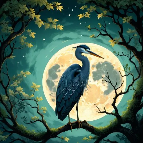 blue heron,nocturnal bird,heron,night bird,heronry,blue crane,ardea,egretta,gray heron,pacific heron,herons,crane,cow heron,blue moon,reiger,the night of kupala,bird illustration,herron,bird painting,pied heron,Unique,Design,Sticker