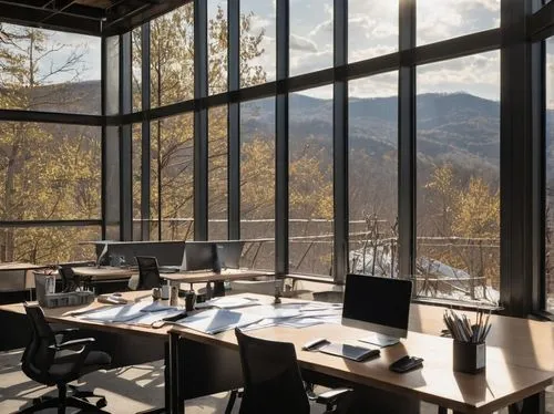 Appalachian State University, Tec 3728 Architectural Design Studio I, modern building, glass walls, steel beams, wooden accents, natural light pouring in, students working at desks, laptops open, pape