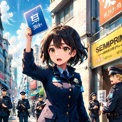  woman holding up a sign that says "Semprini" while a british police officer yells at  her.,a anime is standing in the street and holding up a sign,mpd,police,policewoman,nypd,police officer,akiba,Ani