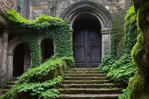 Ancient gabion architecture, stone walls, rustic wooden doors, vines crawling up the facade, ivy-covered roof, moss growing between cracks, worn-out stairs, grand entrance, dramatic arches, ornate car