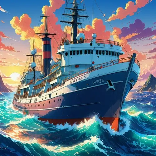 A 1950s research vessel sailing the high seas.,sea fantasy,yamatai,yamato,ship,sea scouts,oceanian,ship travel,ship releases,marineau,the ship,fujima,schoolship,seastreak,hatsuharu,hausser,uss,trainin