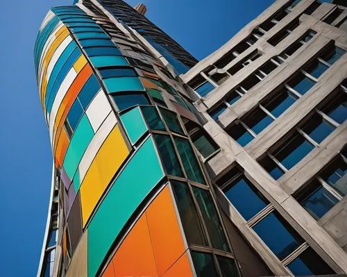 Post-modernist architecture, skyscraper, abstract shapes, irregular forms, vibrant colors, clashing patterns, eclectic mix of materials, glass, steel, concrete, wooden accents, asymmetrical compositio