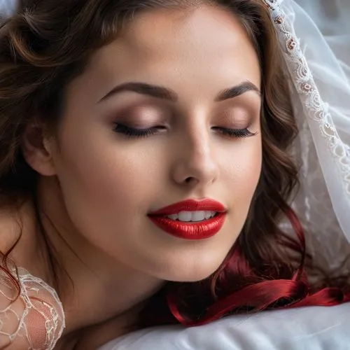 woman laying down,red lips,romantic look,woman on bed,red lipstick,vintage makeup,Photography,General,Cinematic