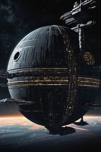 Space Station, Death Star, Galactic Empire, Imperial Fleet, futuristic, metallic, dark grey, intricate details, complex structure, planet-destroying laser, ominous atmosphere, stars in the background,