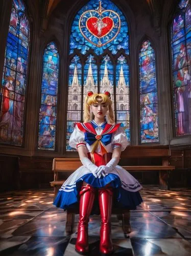 Sailor Moon, stained glass window, Gothic architecture, colorful reflections, sacred heart, Odango hair clips, blue and white sailor suit, red boots, dramatic pose, praying hands, majestic cathedral i