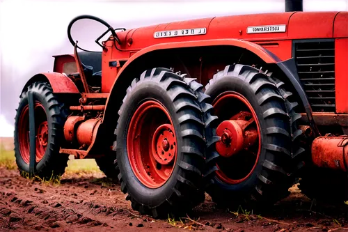 Agricultural tractor, rusty red body, worn tires, metal grille, headlights, rugged wheels, driver's seat, steering wheel, manual transmission, hydraulic pipes, realistic details, morning dew, soft sun