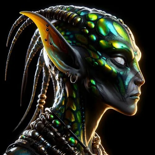 Profile photo ”back light” around head realistic tribe alien profile head with and African tribe With this appearance a variety of vibrant black and orange Many species have intricate patterns on thei