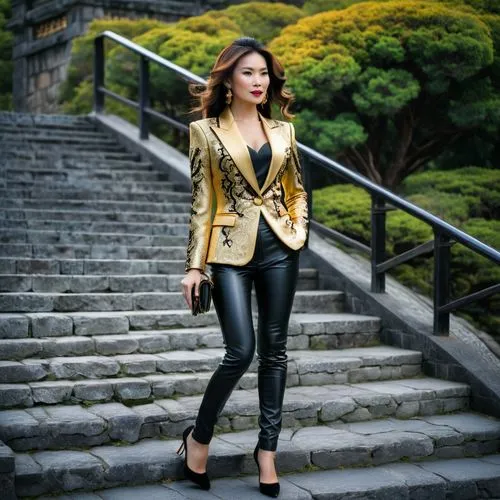 black and gold,gold color,cheetah,fujiko,gold wall,gold colored,icon steps,catsuit,xiaoqing,golden color,yellow and black,ninagawa,metallic feel,jacket,leather jacket,metallics,elegant,xiaofei,leather,woman in menswear,Photography,General,Fantasy