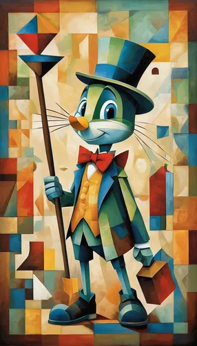 jiminy cricket,pinocchio,geppetto,the pied piper of hamelin,leonardo,blotter,pied piper,jigsaw puzzle,cubism,checker marathon,jigsaw,hatter,robber,abstract cartoon art,chimney sweep,robin hood,pilgrim,conductor,johnny jump up,jack rabbit,Art,Artistic Painting,Artistic Painting 45