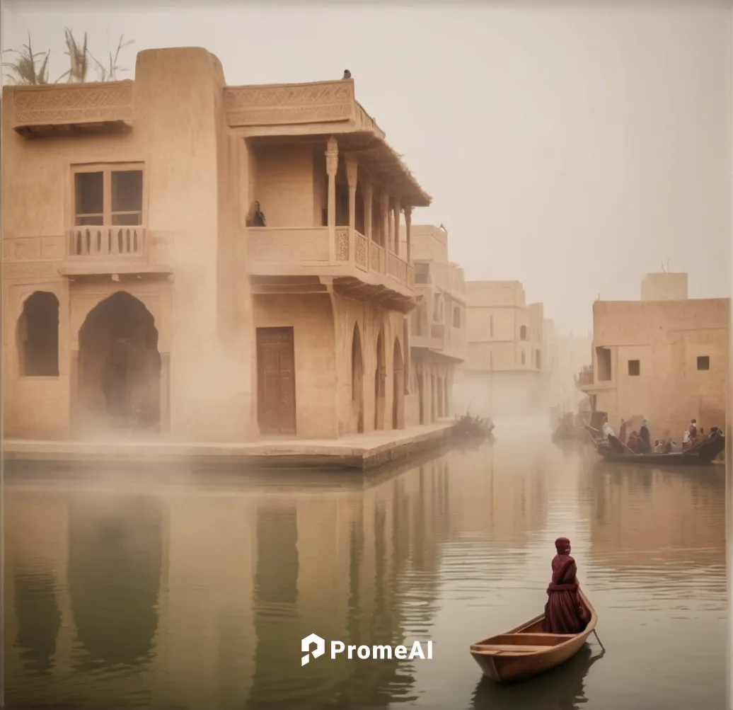 Traditional iraqi style building facing big canel.  Native small boats sailing in canel. Padestrains with arabic clothes. Dairy pulms in the background,jaisalmer,pink city,ganges,souq,qasr al watan,ma