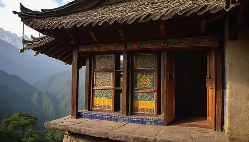 Nepalese, traditional, intricate carved wooden door, ornate windows, vibrant colorful tile roof, tiered pagoda-style structure, prayer flags fluttering in wind, stone paved courtyard, lush greenery su