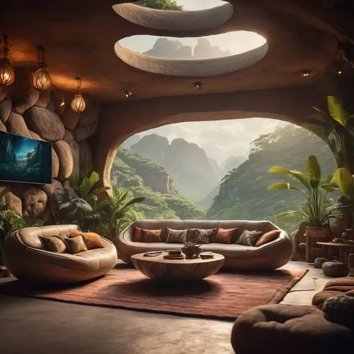 luxurious futuristic ethnic living room with adobe walls, rocks, with visible electricity and pipes, huge windows.,yavin,naboo,theed,cantina,stereocenter,uncharted,bonestell,dreamworks,breakfast room,