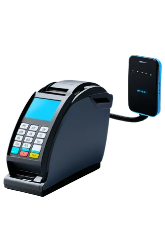 Digital payment terminal, modern futuristic design, sleek metal body, glowing blue screen, card slot, keypad, receipt printer, Wi-Fi antenna, standing upright, minimalist background, shallow depth of 