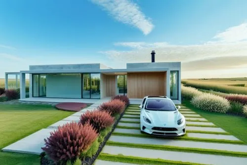 the lamb vehicle is parked in front of a modern house,smart home,smart house,electrohome,talalay,smarthome,3d rendering,Photography,General,Realistic