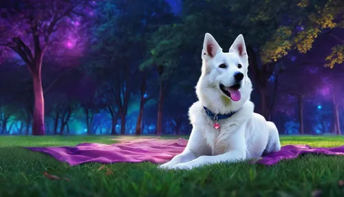 white shepherd,berger blanc suisse,unicorn background,dusk background,shiloh shepherd dog,king shepherd,bull terrier (miniature),3d background,purple background,huskies,white dog,laika,fantasy picture,color dogs,samoyed,bohemian shepherd,dog pure-breed,canaan dog,digital compositing,canidae,Illustration,Realistic Fantasy,Realistic Fantasy 20