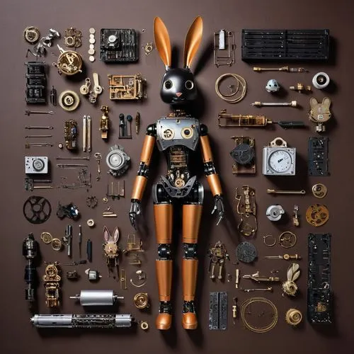 clockmaker,watchmaker,mechanical,scrap collector,metal toys,circuit board,assemblage,revoltech,wood rabbit,smart album machine,steampunk,circuitry,circuit component,cybernetics,playmobil,craftsman,arduino,toy photos,actionfigure,components,Unique,Design,Knolling