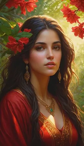 fantasy portrait,fantasy art,fantasy picture,rosa ' amber cover,mystical portrait of a girl,romantic portrait,persian poet,fantasy woman,beautiful girl with flowers,red tunic,moana,splendor of flowers,artemisia,the enchantress,sorceress,celtic queen,elven flower,world digital painting,faery,thracian,Conceptual Art,Fantasy,Fantasy 28