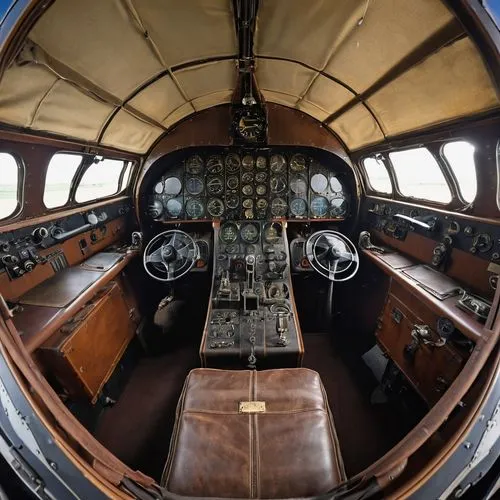 Front fish eye angle shot Inside an enclosed elaborated eqiped old style 1944 cockpit of Junkers Ju 52 tri motor corrugated metal airplane, two gorgeous 23 years old pilots in 1944 brown elaborate fli