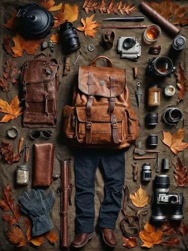 autumn theme,hiking equipment,bushcraft,autumn background,camera gear,autumn icon,autumn camper,woodsman,photography equipment,autumn photo session,tradesman,photographic equipment,camera illustration,nature photographer,craftsman,camera photographer,camerist,autumn still life,backpacker,autumn frame,Unique,Design,Knolling