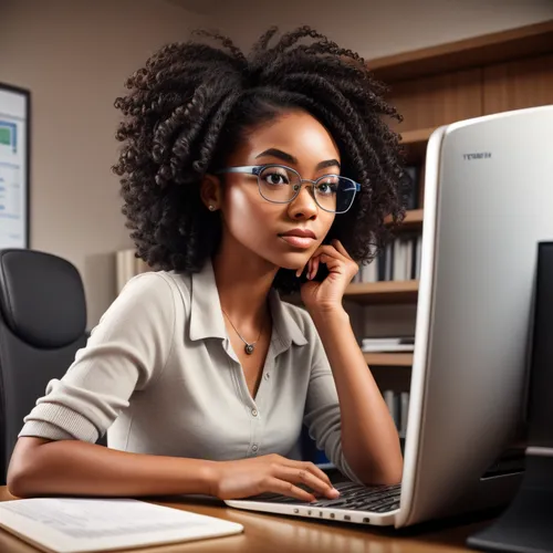 girl at the computer,women in technology,artificial hair integrations,correspondence courses,blur office background,school administration software,management of hair loss,online courses,distance learning,switchboard operator,desktop support,black professional,customer service representative,video editing software,afroamerican,online course,network administrator,online learning,office worker,girl studying