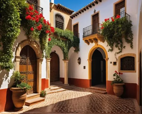 Andalusian architectural style, ornate arches, intricate Moorish patterns, white stucco walls, rust-red terracotta rooftops, decorative azulejo tiles, grand entrance with heavy wooden doors, ornamenta