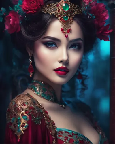 oriental princess,indian bride,flamenca,orientalist,mastani,victorian lady,venetian mask,adornment,romantic portrait,noblewoman,orientalism,miss circassian,sarees,vintage makeup,the carnival of venice,vintage woman,bohemian art,shades of red,ethnic design,oriental girl,Conceptual Art,Fantasy,Fantasy 02