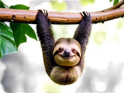 Sloth, close-up, facial expression, relaxed eyes, smiling mouth, soft fur, claws, hanging upside down, slow movement, tropical rainforest, warm sunlight filtering through leaves, shallow depth of fiel