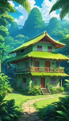 studio ghibli,ghibli,tropical house,teahouse,forest house,house in the forest,kazoku,home landscape,kanto,lonely house,dojo,japanese background,little house,ryokan,wooden house,yamashiro,summer cottage,dreamhouse,tropical greens,small house,Illustration,Japanese style,Japanese Style 03