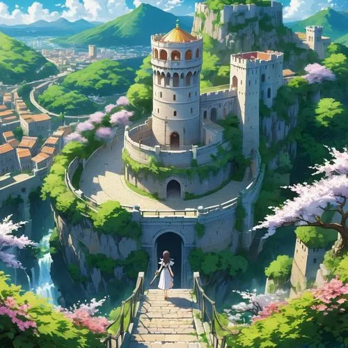 meteora,summit castle,castle keep,cesar tower,tower fall,castle ruins,knight's castle,ghibli,castle,castel,fairy tale castle,city gate,castlelike,yoshikuni,fairy chimney,studio ghibli,machico,ancient city,tower,watch tower,Illustration,Japanese style,Japanese Style 03