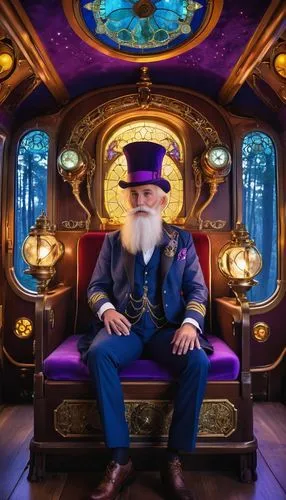 ringmaster,santa claus train,bellboy,steampunk,time traveler,hatter,gold and purple,purple and gold,museum train,gnome and roulette table,concierge,ceremonial coach,aristocrat,freemasonry,masonic,leonardo da vinci,train car,the wizard,leonardo devinci,watchmaker,Illustration,Paper based,Paper Based 09