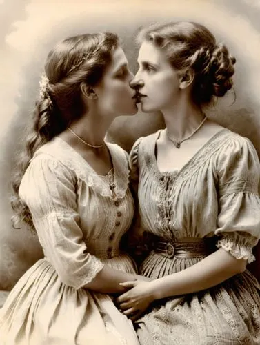 A serious and intimate friendship between two young women around 1910, now kissing passionately.,two girls in dresses are giving each other a kiss,edwardians,two girls,wlw,vintage female portrait,edwa