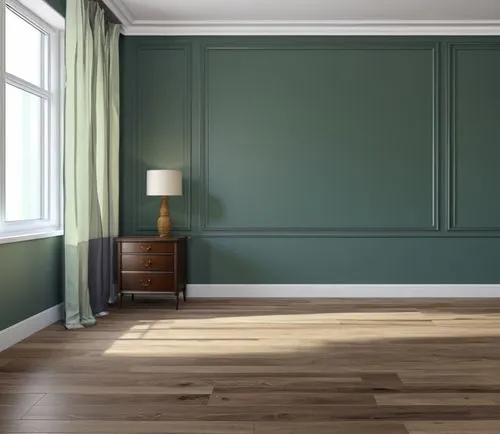 an empty room with an antique lamp and green wall,hardwood floors,wainscoting,danish room,flooring,parquet,limewood,Photography,General,Realistic