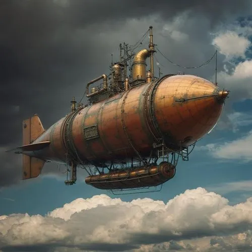 a giant yellow submarine sitting under a cloudy sky,airship,bathyscaphe,airships,air ship,skyship,funjet