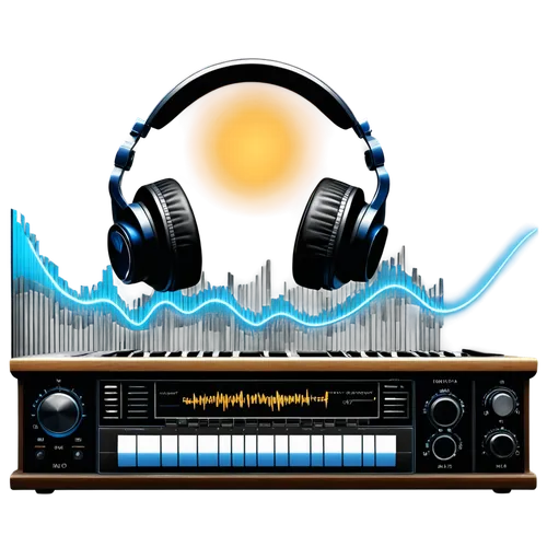 Audio wave, digital sound, music notes, ogg format, blue waveform, headphones, studio recording, microphone, soundboard, mixing console, acoustic treatment, dark background, 3/4 composition, soft ligh