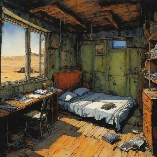 kurelek,welliver,abandoned room,boy's room picture,sleeping room,schuitema,giraud,roominess,room,cornwell,sedensky,one room,cold room,schuiten,bedrooms,bunkhouses,bunkhouse,roomier,carel,empty room,Illustration,Realistic Fantasy,Realistic Fantasy 06