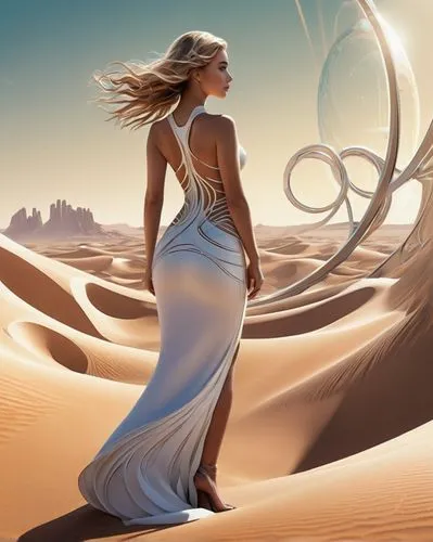 girl on the dune,celtic woman,voile,inanna,desert background,fantasy art,Conceptual Art,Sci-Fi,Sci-Fi 24