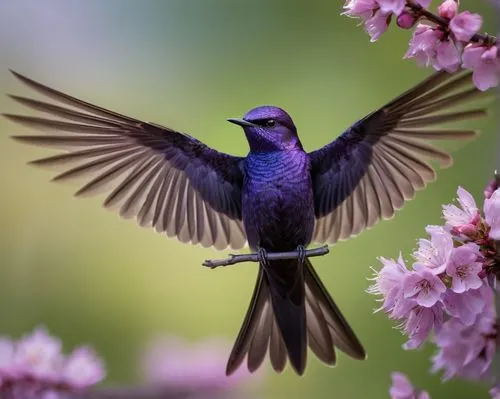 Purple fairy martin, solo, wings spread wide, perched on a delicate flower-adorned branch, sparkling purple iridescent feathers, bright green eyes, tiny nose, gentle smile, slender legs, bare feet, fl